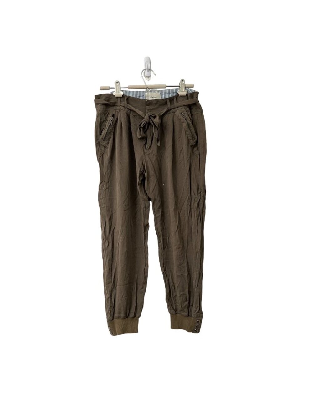 Anthropologie Elevenses Army Green Linen Blend Belted Jogger Pants Size Medium